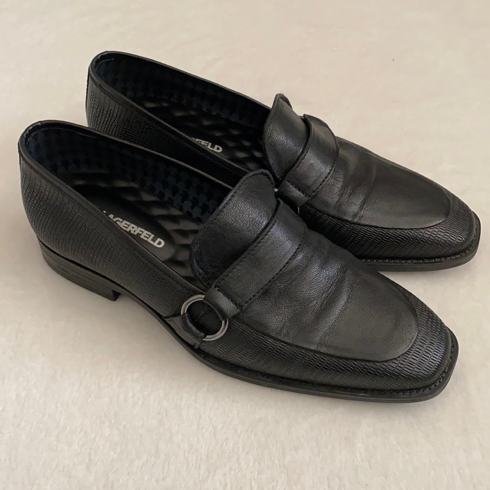Karl Lagerfeld Black Leather Loafers with Silver Ring Detail